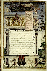 Architectural frontispiece of the illuminated manuscript of De rerum natura produced in 1483 by Girolamo di Matteo de Tauris for Pope Sixtus IV. The Pope